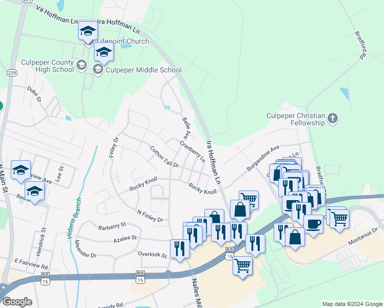 map of restaurants, bars, coffee shops, grocery stores, and more near 1929 Sunflower Drive in Culpeper