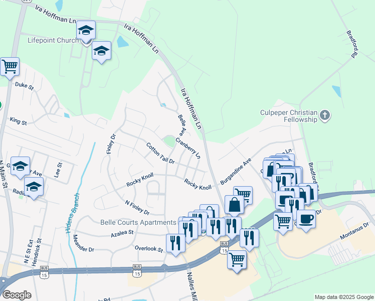 map of restaurants, bars, coffee shops, grocery stores, and more near 1929 Sunflower Drive in Culpeper