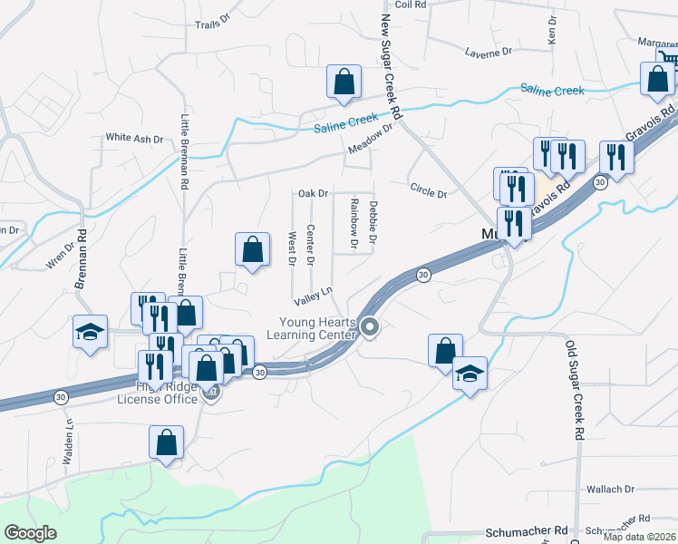 map of restaurants, bars, coffee shops, grocery stores, and more near 1920 Main Drive in High Ridge