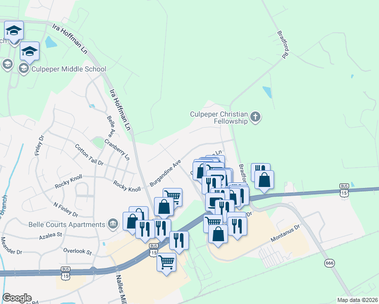 map of restaurants, bars, coffee shops, grocery stores, and more near Burgandine Avenue in Culpeper