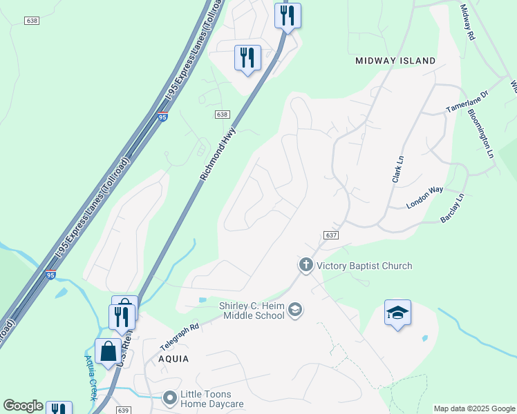map of restaurants, bars, coffee shops, grocery stores, and more near 24 Hot Springs Way in Stafford