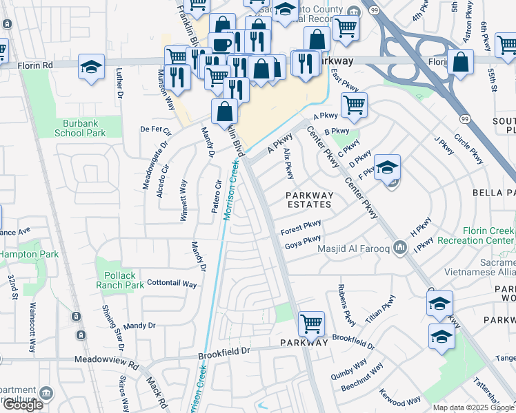 map of restaurants, bars, coffee shops, grocery stores, and more near 7400 Franklin Boulevard in Sacramento