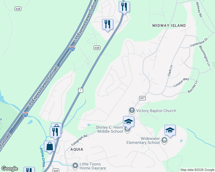 map of restaurants, bars, coffee shops, grocery stores, and more near 19 Hot Springs Way in Stafford