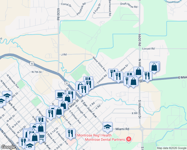 map of restaurants, bars, coffee shops, grocery stores, and more near F Rd in Montrose