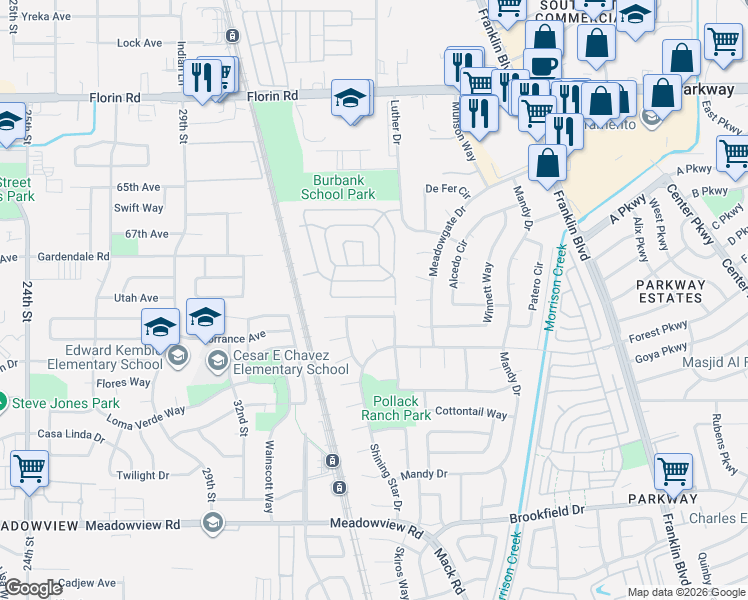 map of restaurants, bars, coffee shops, grocery stores, and more near 3697 Starstone Way in Sacramento