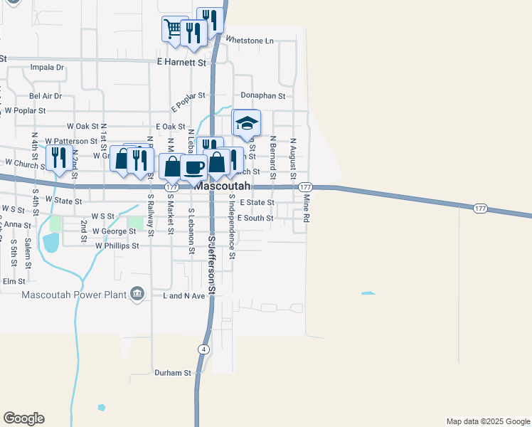 map of restaurants, bars, coffee shops, grocery stores, and more near 600 East South Street in Mascoutah