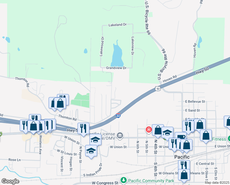 map of restaurants, bars, coffee shops, grocery stores, and more near 611 North Monroe Street in Pacific