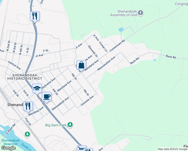 map of restaurants, bars, coffee shops, grocery stores, and more near 820 10th Street in Shenandoah