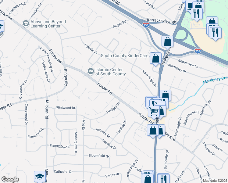 map of restaurants, bars, coffee shops, grocery stores, and more near 506 Forder Road in St. Louis