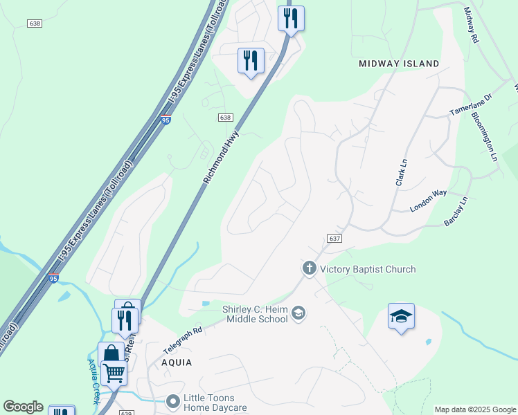 map of restaurants, bars, coffee shops, grocery stores, and more near Hot Springs Way in Stafford County