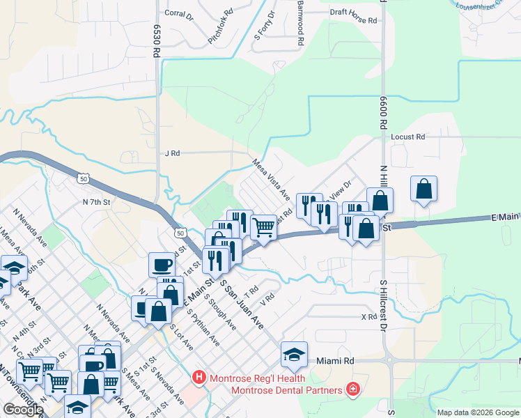 map of restaurants, bars, coffee shops, grocery stores, and more near F Road in Montrose