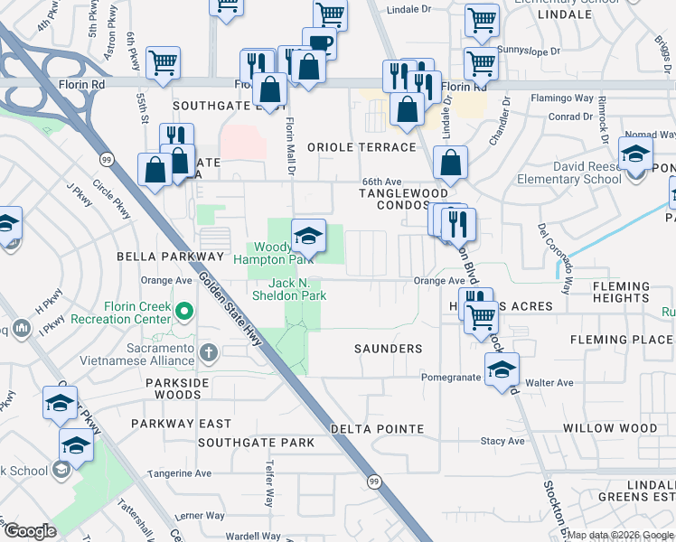 map of restaurants, bars, coffee shops, grocery stores, and more near 6006 Orange Avenue in Sacramento