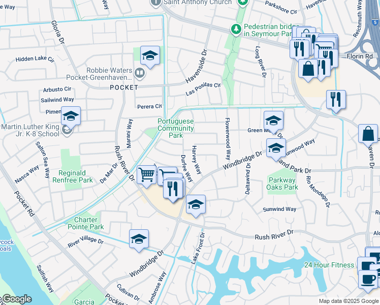 map of restaurants, bars, coffee shops, grocery stores, and more near 7405 Durfee Way in Sacramento