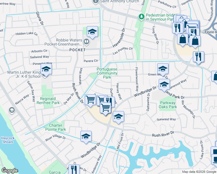 map of restaurants, bars, coffee shops, grocery stores, and more near 7405 Durfee Way in Sacramento