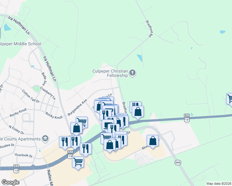map of restaurants, bars, coffee shops, grocery stores, and more near 15517 Hillview Court in Culpeper