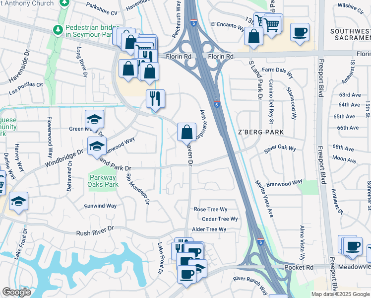map of restaurants, bars, coffee shops, grocery stores, and more near 7428 Greenhaven Drive in Sacramento