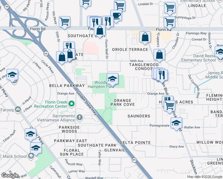 map of restaurants, bars, coffee shops, grocery stores, and more near 6131 Orange Avenue in Sacramento
