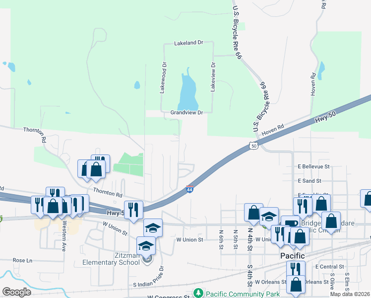 map of restaurants, bars, coffee shops, grocery stores, and more near 611 North Monroe Street in Pacific