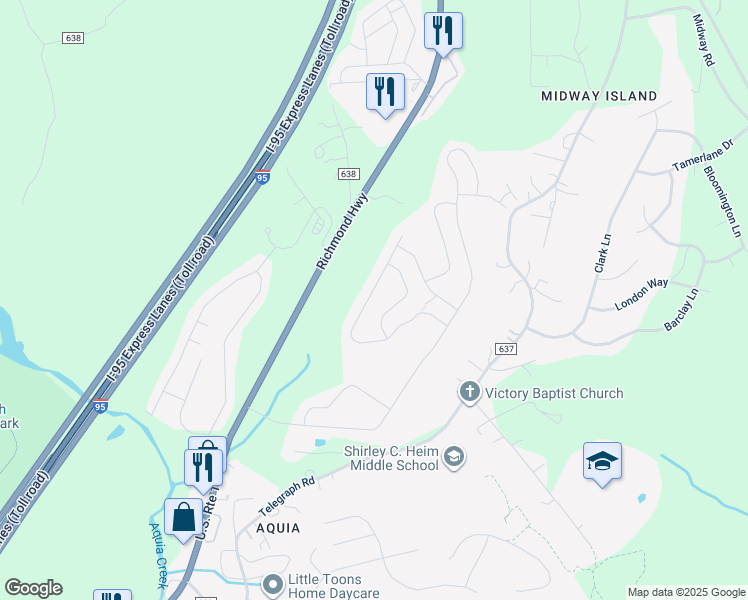 map of restaurants, bars, coffee shops, grocery stores, and more near 80 Glacier Way in Stafford