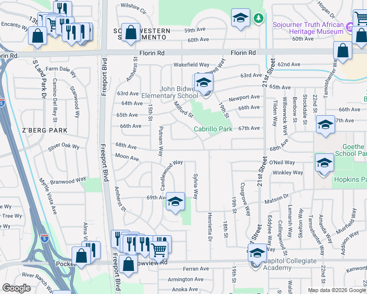map of restaurants, bars, coffee shops, grocery stores, and more near 7404 Candlewood Way in Sacramento