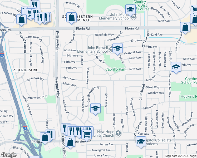 map of restaurants, bars, coffee shops, grocery stores, and more near 7430 Candlewood Way in Sacramento