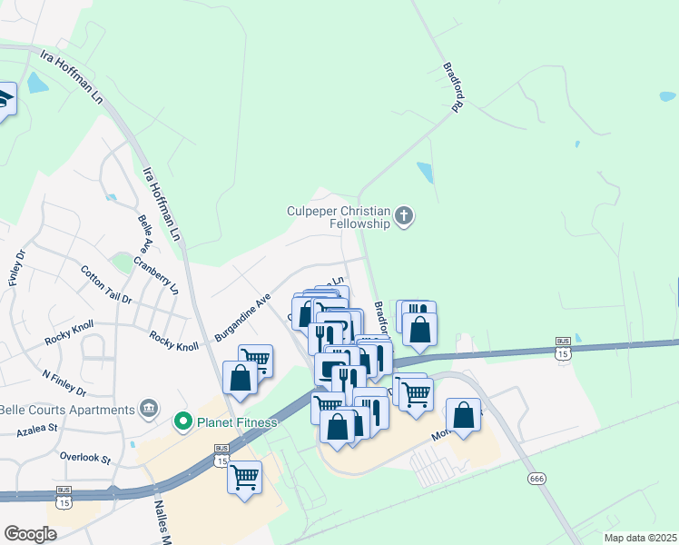 map of restaurants, bars, coffee shops, grocery stores, and more near 15615 Great Bridge Lane in Culpeper