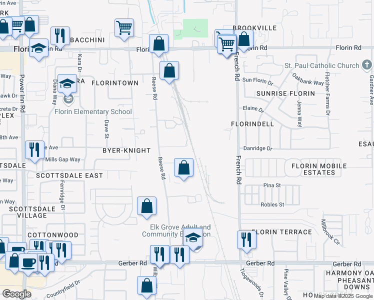 map of restaurants, bars, coffee shops, grocery stores, and more near 7395 Frasinetti Road in Sacramento