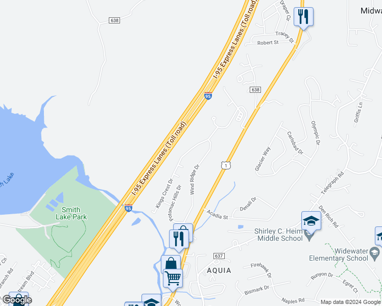 map of restaurants, bars, coffee shops, grocery stores, and more near 408 Kings Crest Drive in Stafford