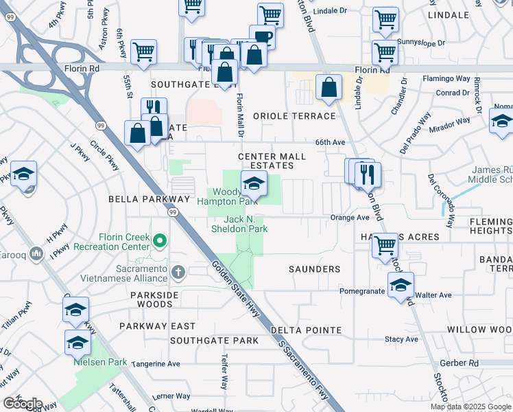 map of restaurants, bars, coffee shops, grocery stores, and more near 6131 Orange Avenue in Sacramento
