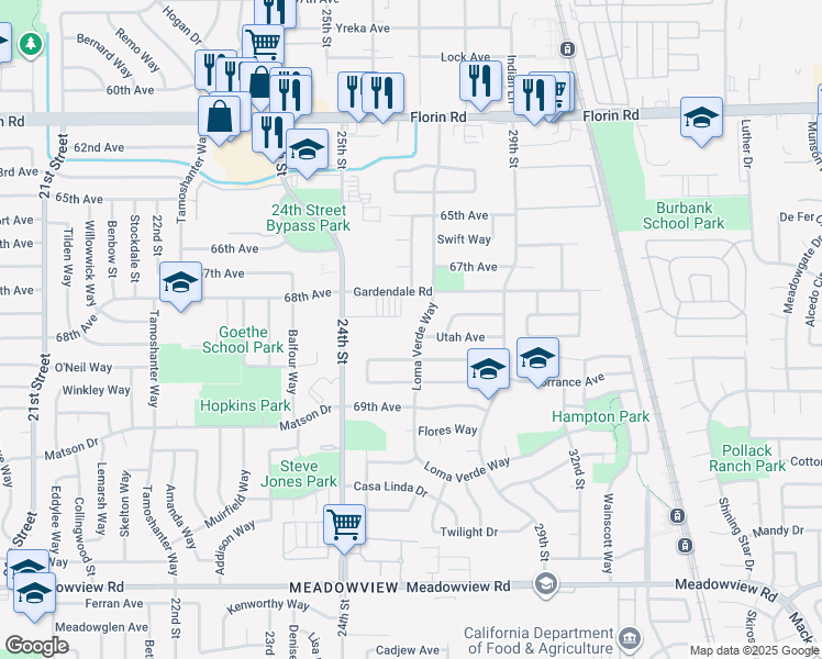 map of restaurants, bars, coffee shops, grocery stores, and more near 7420 Loma Verde Way in Sacramento