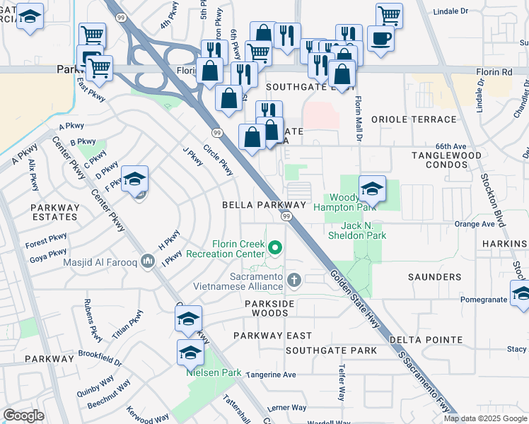 map of restaurants, bars, coffee shops, grocery stores, and more near 7308 Berna Way in Sacramento