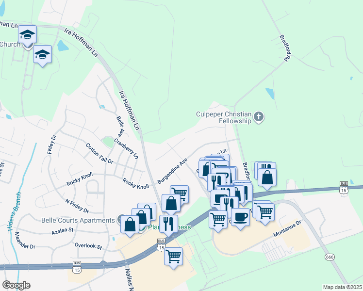 map of restaurants, bars, coffee shops, grocery stores, and more near 15216 Prairie Court in Culpeper