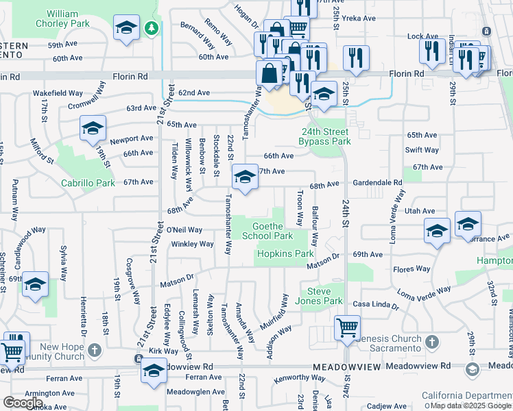 map of restaurants, bars, coffee shops, grocery stores, and more near 2250 68th Avenue in Sacramento