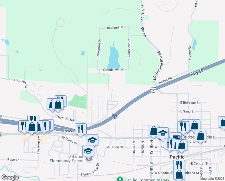 map of restaurants, bars, coffee shops, grocery stores, and more near 607 Palisades Drive in Pacific