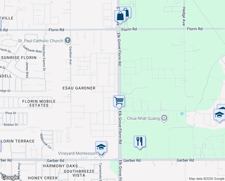 map of restaurants, bars, coffee shops, grocery stores, and more near 7416 Elk Grove Florin Road in Sacramento