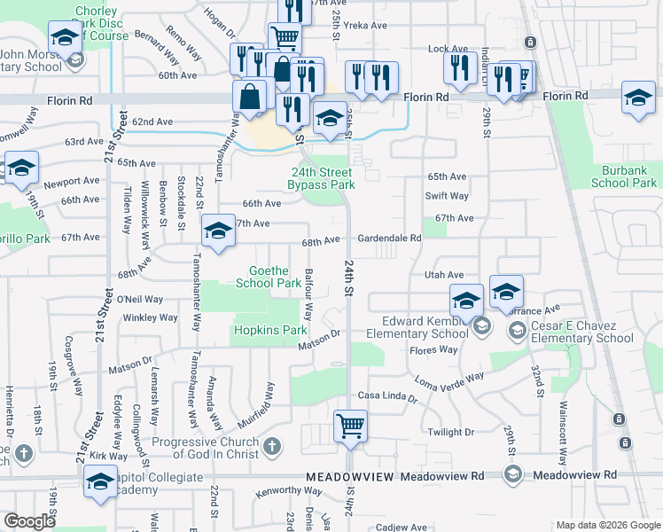 map of restaurants, bars, coffee shops, grocery stores, and more near 7390 24th Street in Sacramento
