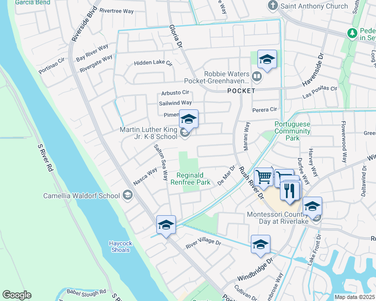 map of restaurants, bars, coffee shops, grocery stores, and more near 480 Little River Way in Sacramento
