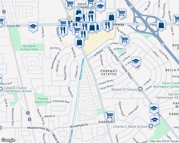 map of restaurants, bars, coffee shops, grocery stores, and more near 7376 Franklin Boulevard in Sacramento
