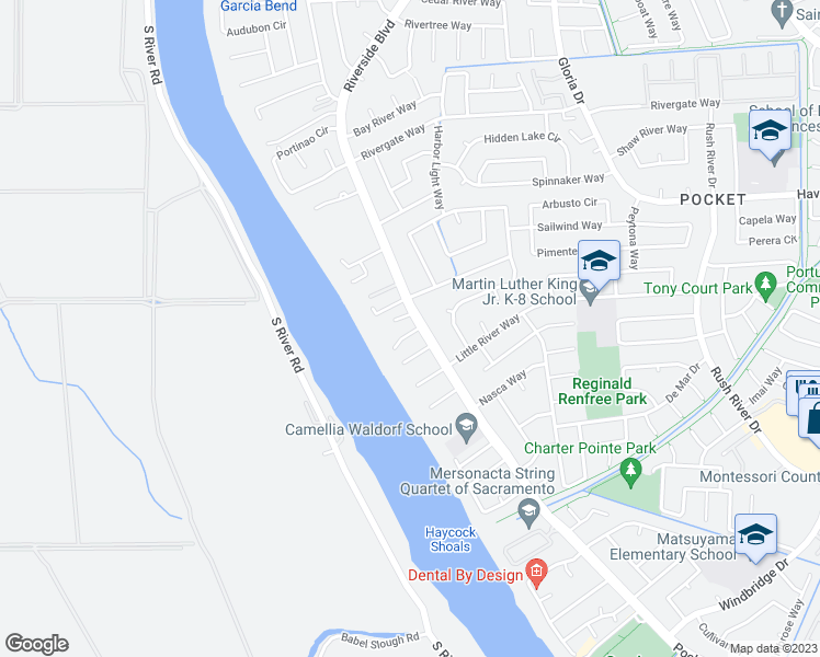 map of restaurants, bars, coffee shops, grocery stores, and more near 7376 Pocket Road in Sacramento