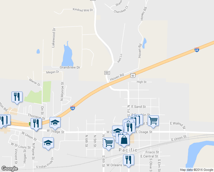 map of restaurants, bars, coffee shops, grocery stores, and more near Interstate 44 in Pacific