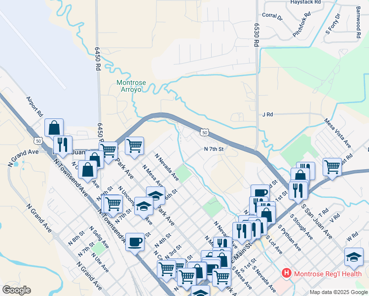 map of restaurants, bars, coffee shops, grocery stores, and more near 711 Arroyo Alley in Montrose