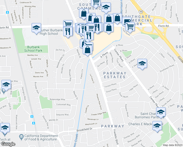map of restaurants, bars, coffee shops, grocery stores, and more near 7344 Franklin Boulevard in Sacramento