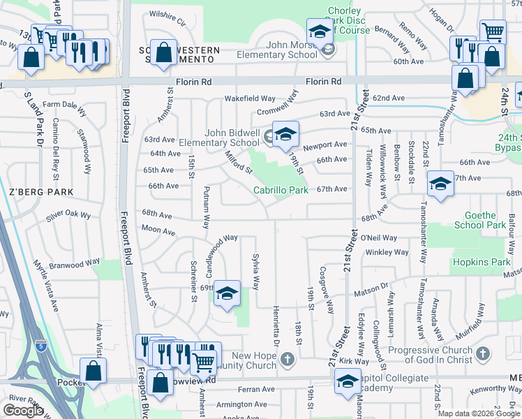 map of restaurants, bars, coffee shops, grocery stores, and more near 7388 Milford Street in Sacramento
