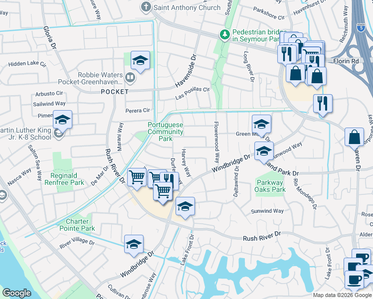 map of restaurants, bars, coffee shops, grocery stores, and more near 793 Harvey Way in Sacramento