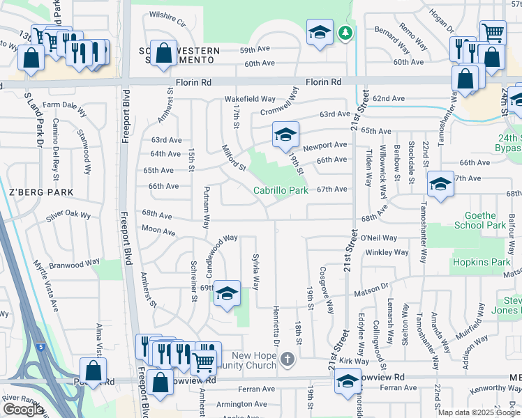 map of restaurants, bars, coffee shops, grocery stores, and more near 7388 Milford Street in Sacramento