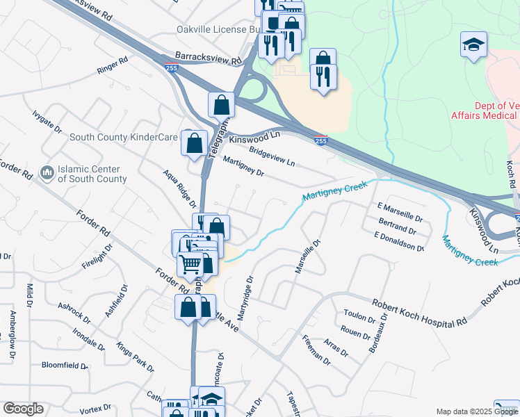 map of restaurants, bars, coffee shops, grocery stores, and more near 225 Golden Valley Drive in St. Louis