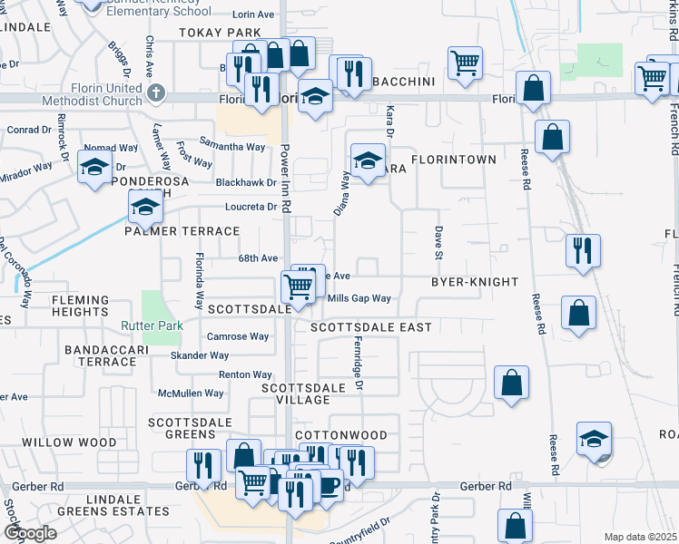map of restaurants, bars, coffee shops, grocery stores, and more near 8157 Judette Avenue in Sacramento
