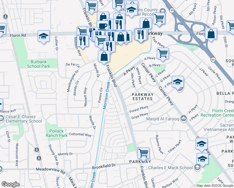 map of restaurants, bars, coffee shops, grocery stores, and more near 7344 Franklin Boulevard in Sacramento