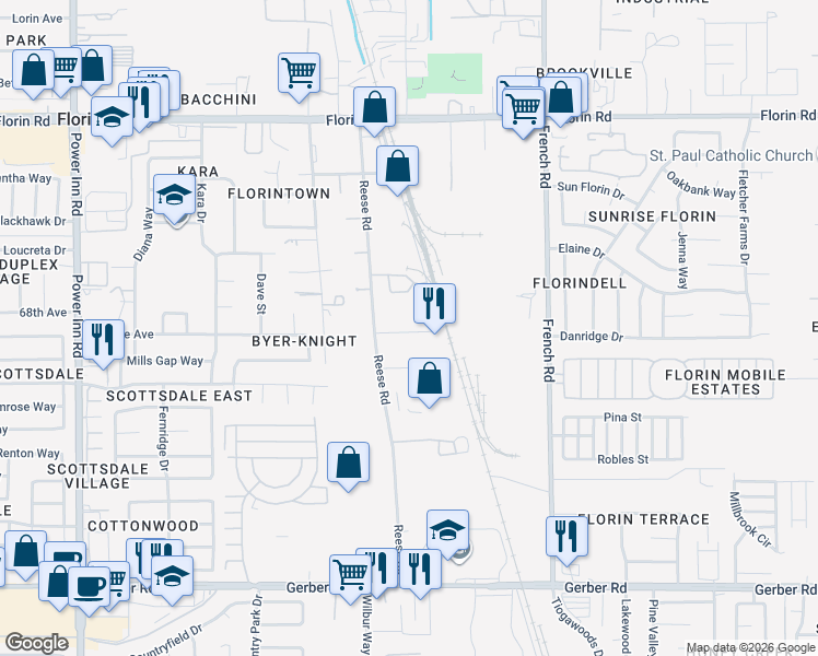 map of restaurants, bars, coffee shops, grocery stores, and more near 7372 Reese Road in Sacramento