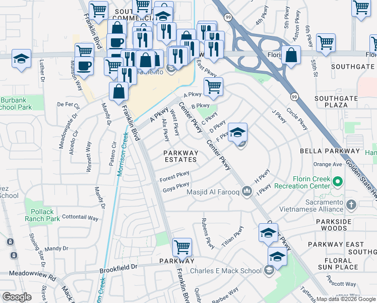 map of restaurants, bars, coffee shops, grocery stores, and more near 7405 West Parkway in Sacramento